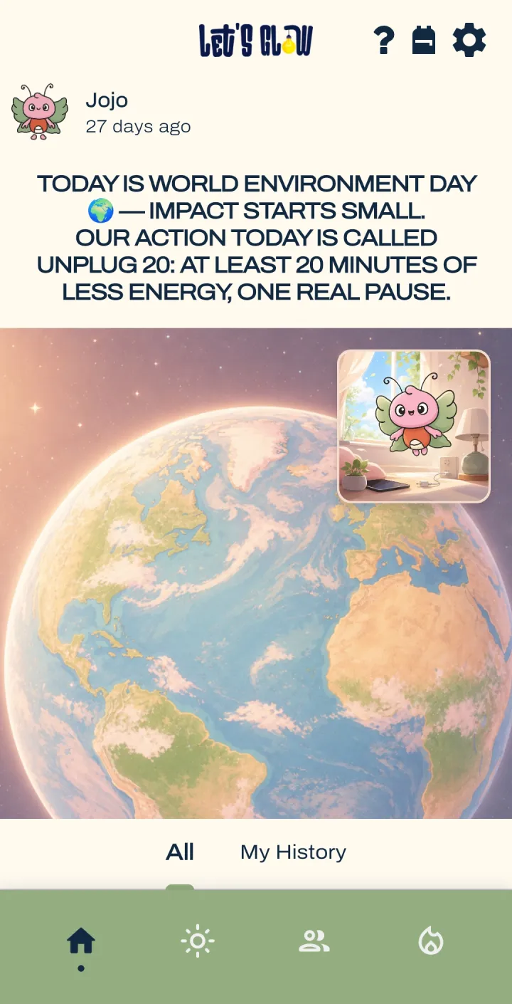 Jojo zum Weltumwelttag: „Unplug 20“ – mindestens 20 Minuten weniger Energie, eine echte Pause. Illustration der Erde.